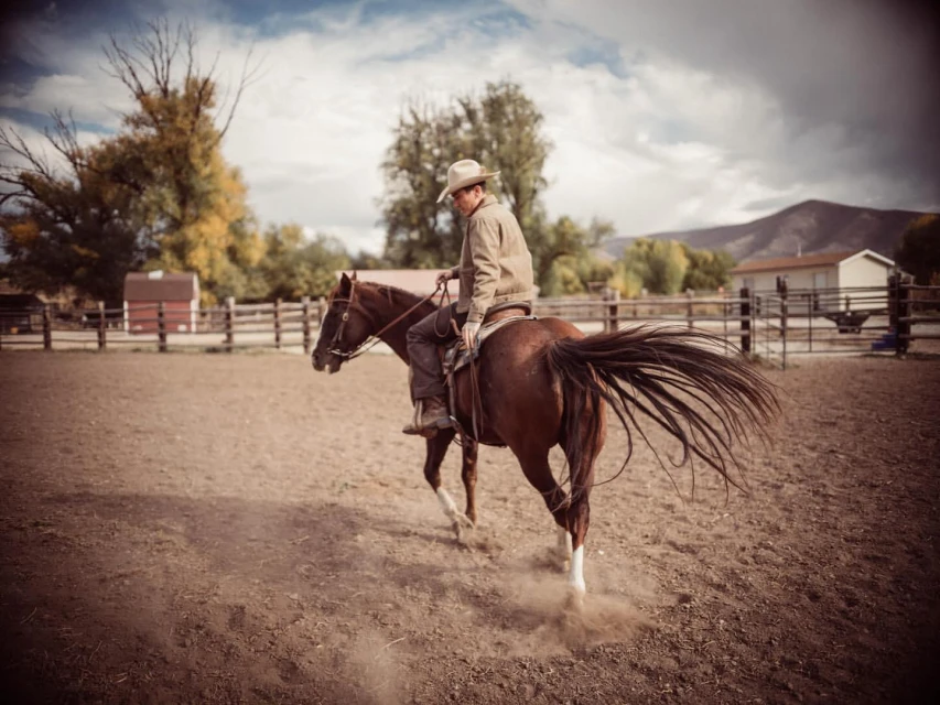 Cowboy on horseback in an outdoor arena, riding a brown horse with a long black tail, wearing a cowboy hat, tan jacket, and jeans.