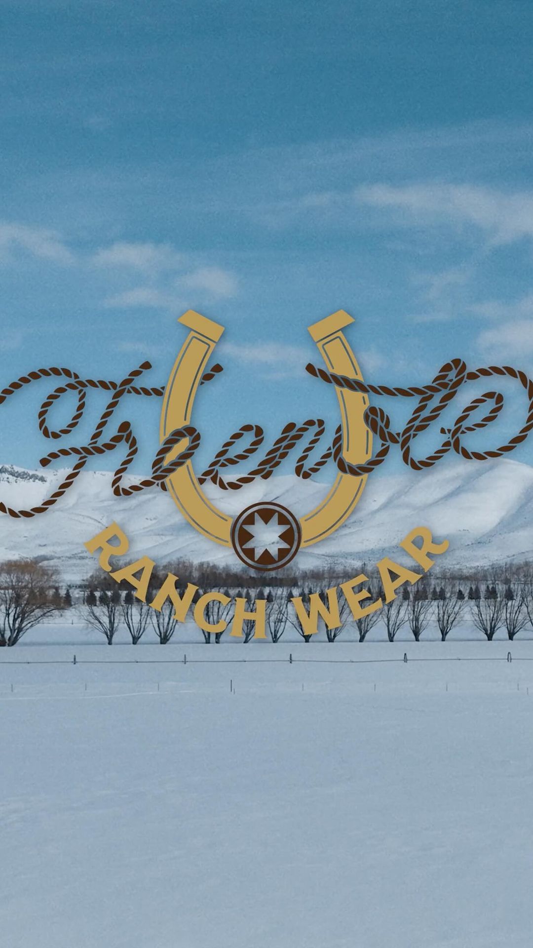 Outdoor shot featuring the 'Frenote Ranch Wear' logo above a snowy landscape with mountains, fence, and bare trees under a blue sky.