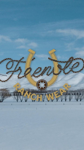 Outdoor shot featuring the 'Frenote Ranch Wear' logo above a snowy landscape with mountains, fence, and bare trees under a blue sky.