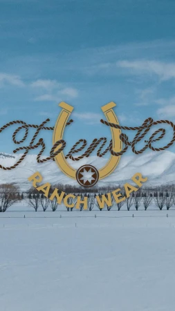 Outdoor shot featuring the 'Frenote Ranch Wear' logo above a snowy landscape with mountains, fence, and bare trees under a blue sky.