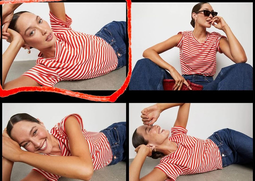 Four-panel image of a woman in a red and white striped t-shirt and blue jeans posing against a plain grey background.