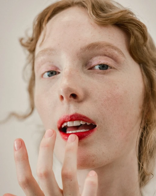 Close-up portrait of an adult female with red lipstick touching her lip with her fingers, soft studio lighting, and neutral backdrop.