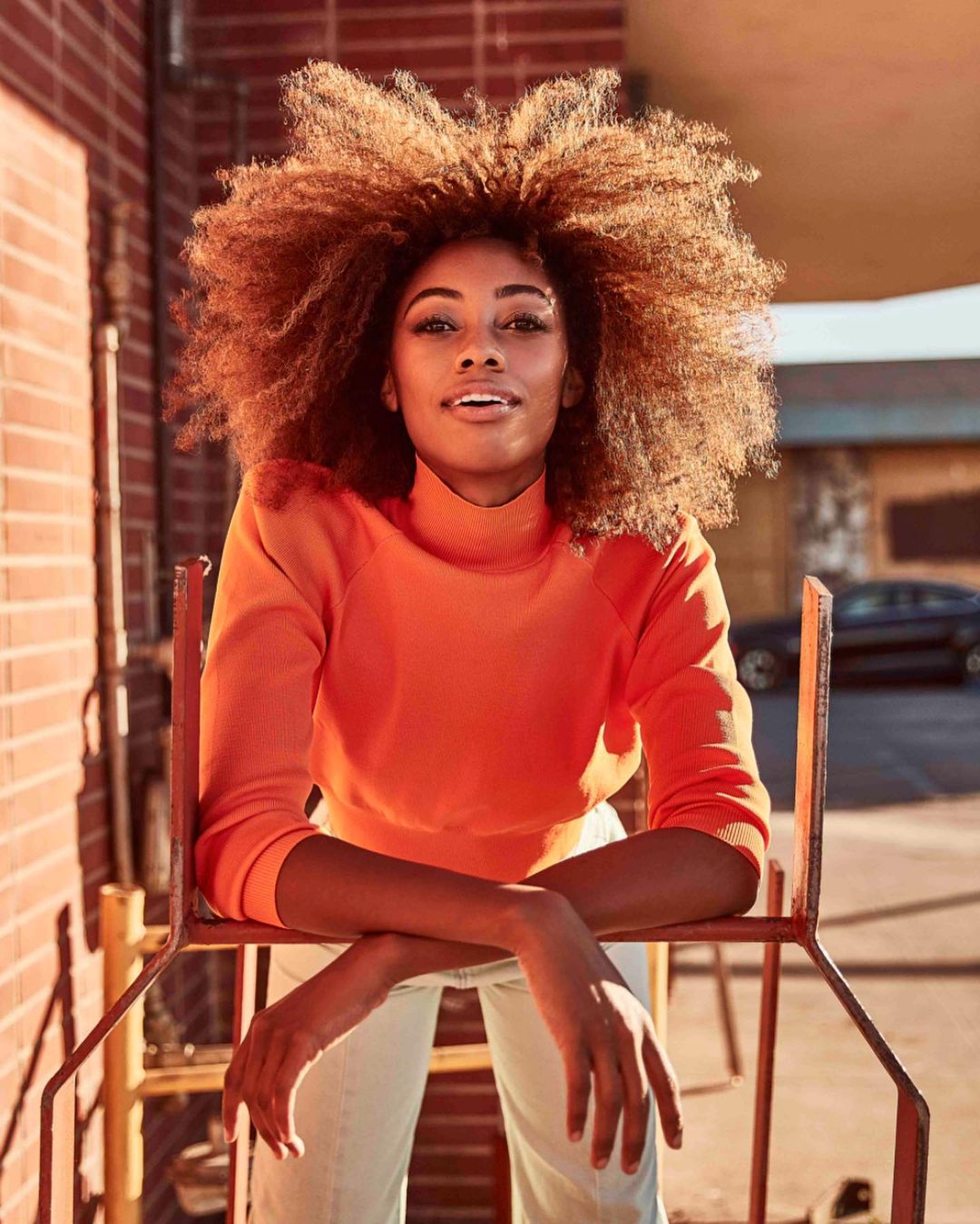 Portrait of an African American woman with big afro, wearing an orange top, posing on a sunny day, with a brick wall background.