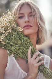 Close-up portrait of a blonde woman holding a large bunch of white wildflowers against an out-of-focus background.