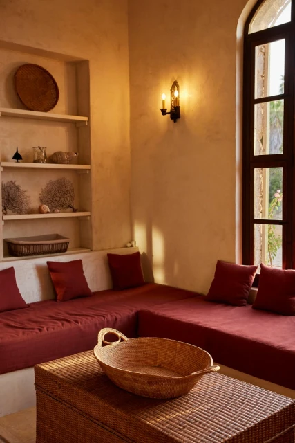 Living room interior with L-shaped built-in seating with red cushions, wooden coffee table, window, decorative wall shelf and sconce.