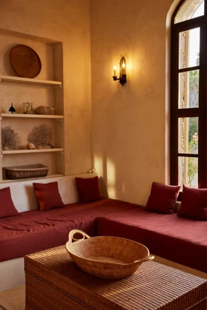 Living room interior with L-shaped built-in seating with red cushions, wooden coffee table, window, decorative wall shelf and sconce.
