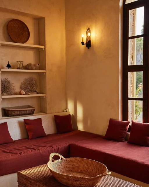 Cozy indoor lounge area with built-in red couches, a wicker coffee table, and shelves, featuring a warm and inviting atmosphere.