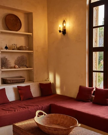 Cozy indoor lounge area with built-in red couches, a wicker coffee table, and shelves, featuring a warm and inviting atmosphere.