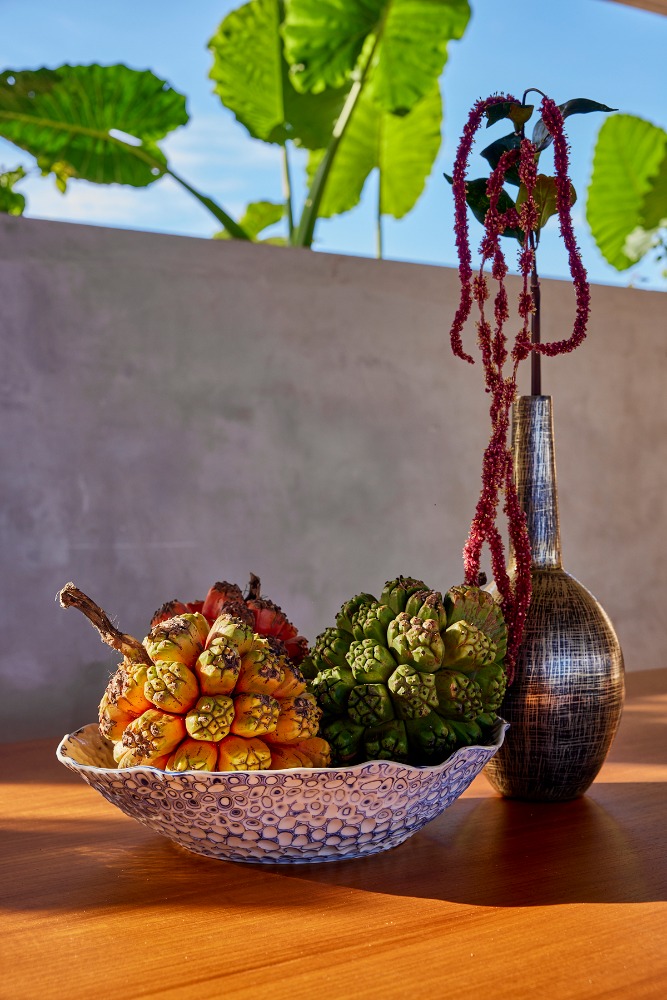Still life featuring a ceramic bowl filled with exotic fruits and a silver vase with red flowers, set against a concrete wall and leafy plants.