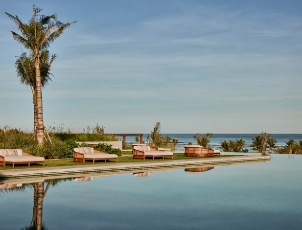 Resort pool terrace featuring lounge beds on green grass, palm trees, and ocean views under a clear sky.