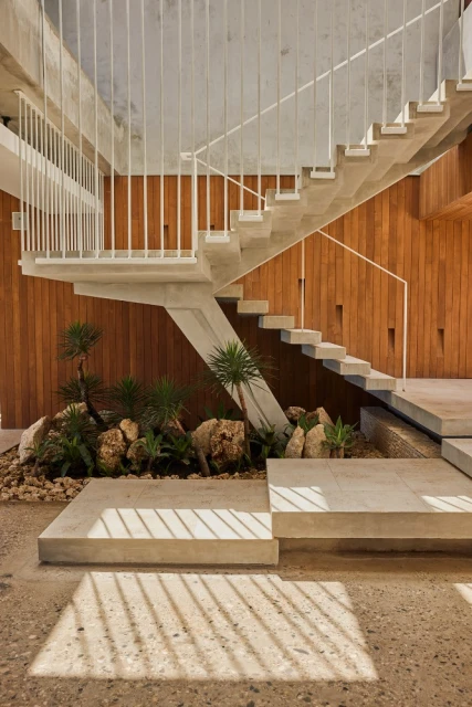 Concrete staircase with white railing and plants beneath in a modern home with wood paneling and patterned floor shadows. 