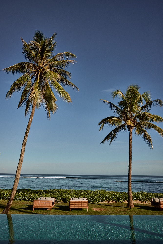 Two palm trees frame a turquoise swimming pool, with a view of the ocean and horizon under a clear blue sky during daytime.