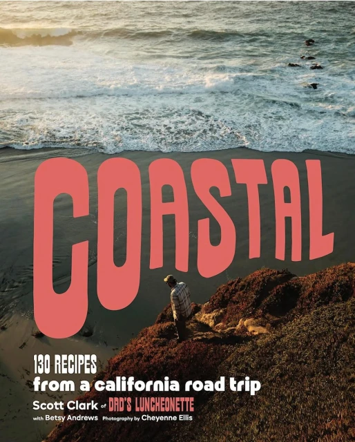 Book cover featuring the ocean, a beach, and a person standing on a cliff, promoting 'Coastal' recipes from a California road trip.