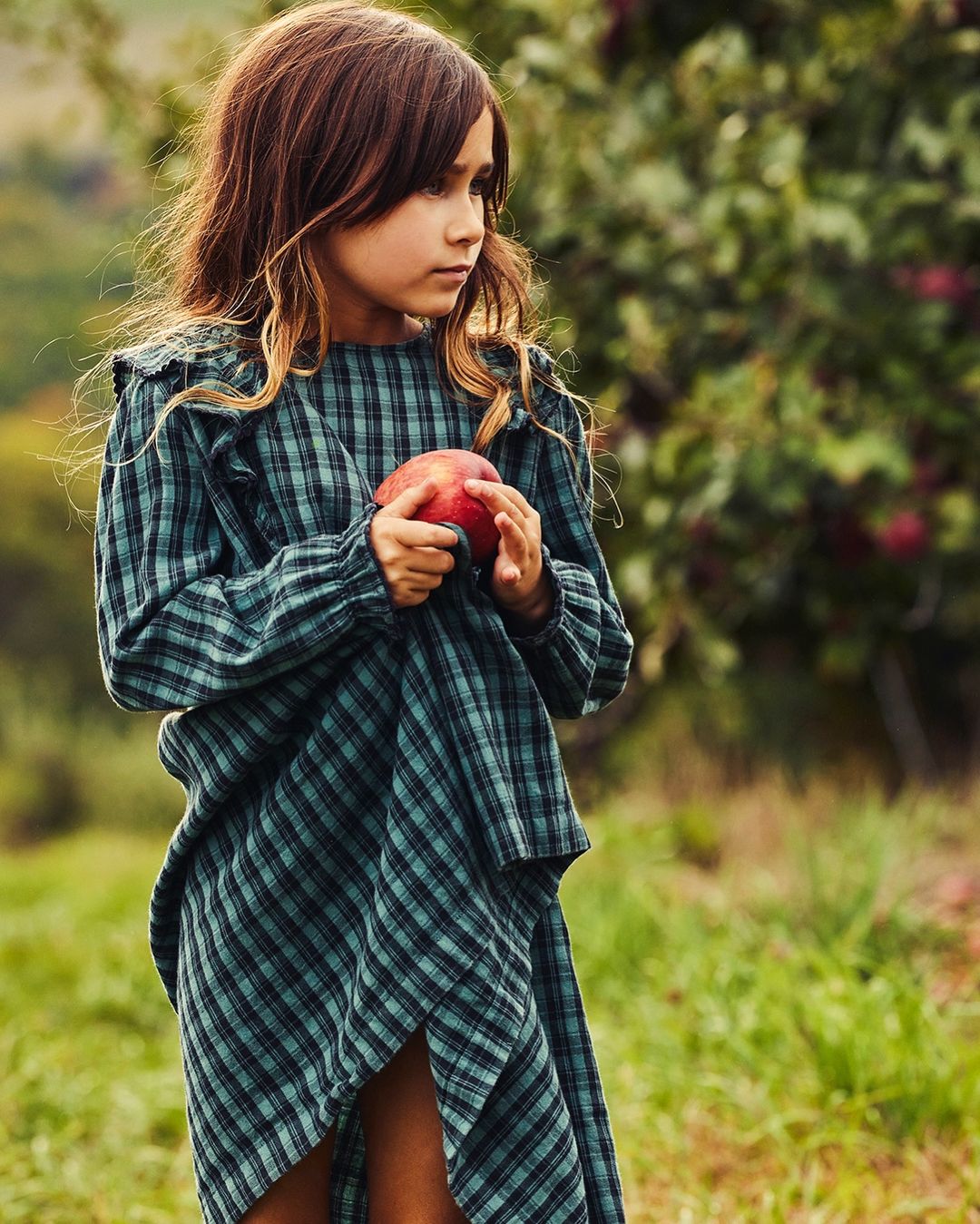 Young girl in plaid dress holds an apple outdoors in a natural setting with soft lighting and lush greenery creating a serene mood.