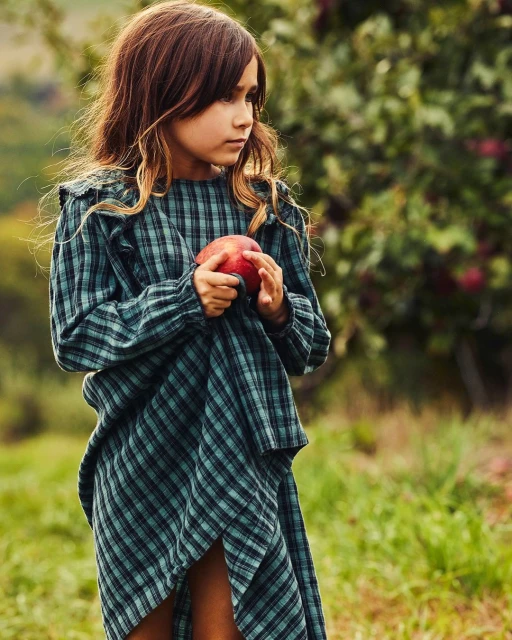 Young girl in plaid dress holds an apple outdoors in a natural setting with soft lighting and lush greenery creating a serene mood.