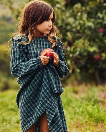Young girl in plaid dress holds an apple outdoors in a natural setting with soft lighting and lush greenery creating a serene mood.