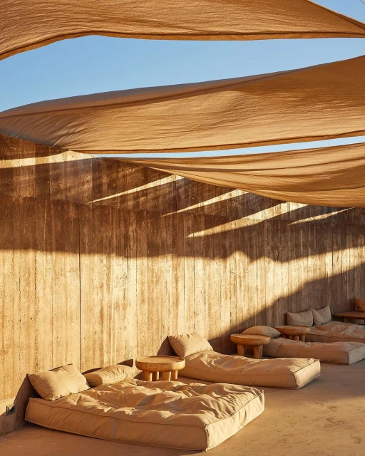 Outdoor lounge area with fabric shade structure, featuring cushioned lounge platforms and small wooden tables against a textured wall.