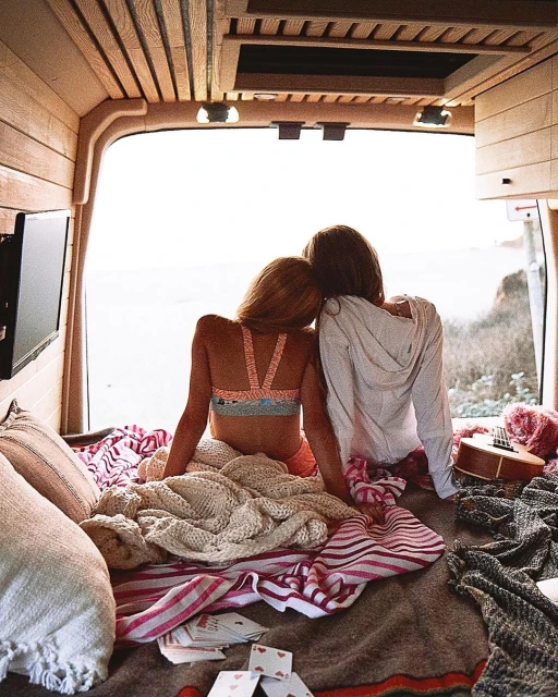 Two women sit back-to-back in the open back of a van overlooking a beach. The interior of the van is paneled in wood.