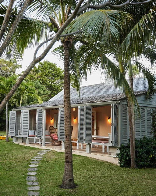 Exterior of a tropical beach house with a stone path, palm trees, and gray siding with white trim in a sunny, outdoor setting.