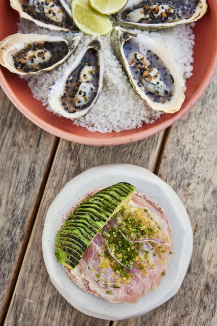 Overhead shot of fresh oysters on a bed of salt with lime wedges and a tostada topped with avocado and fish on a wood table.