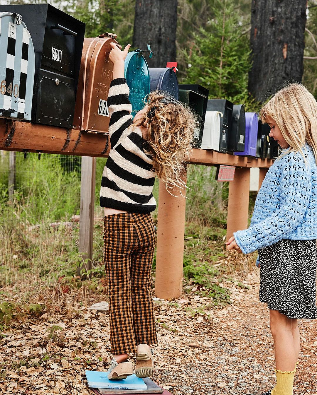 Two young girls in a wooded area looking at a row of mailboxes, one girl reaching for a mailbox; trees and greenery in the background.