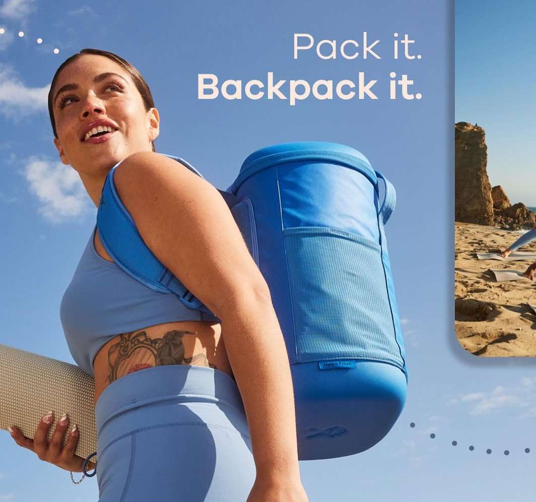 A woman in activewear carries a blue cooler backpack and a yoga mat outdoors with a beach scene visible in a frame on the right.