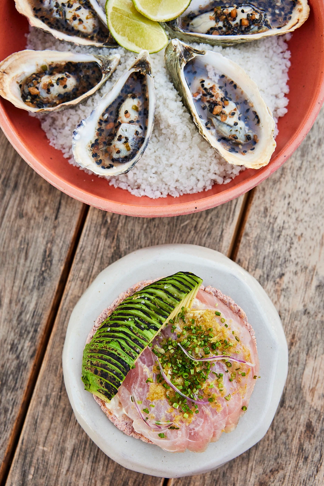 Oysters on a bed of salt with lime and a seafood dish topped with sliced avocado on a wooden table.