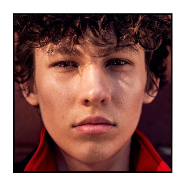 Close-up portrait of a young adult male with curly brown hair, fair skin, and neutral expression, wearing a red collared shirt.
