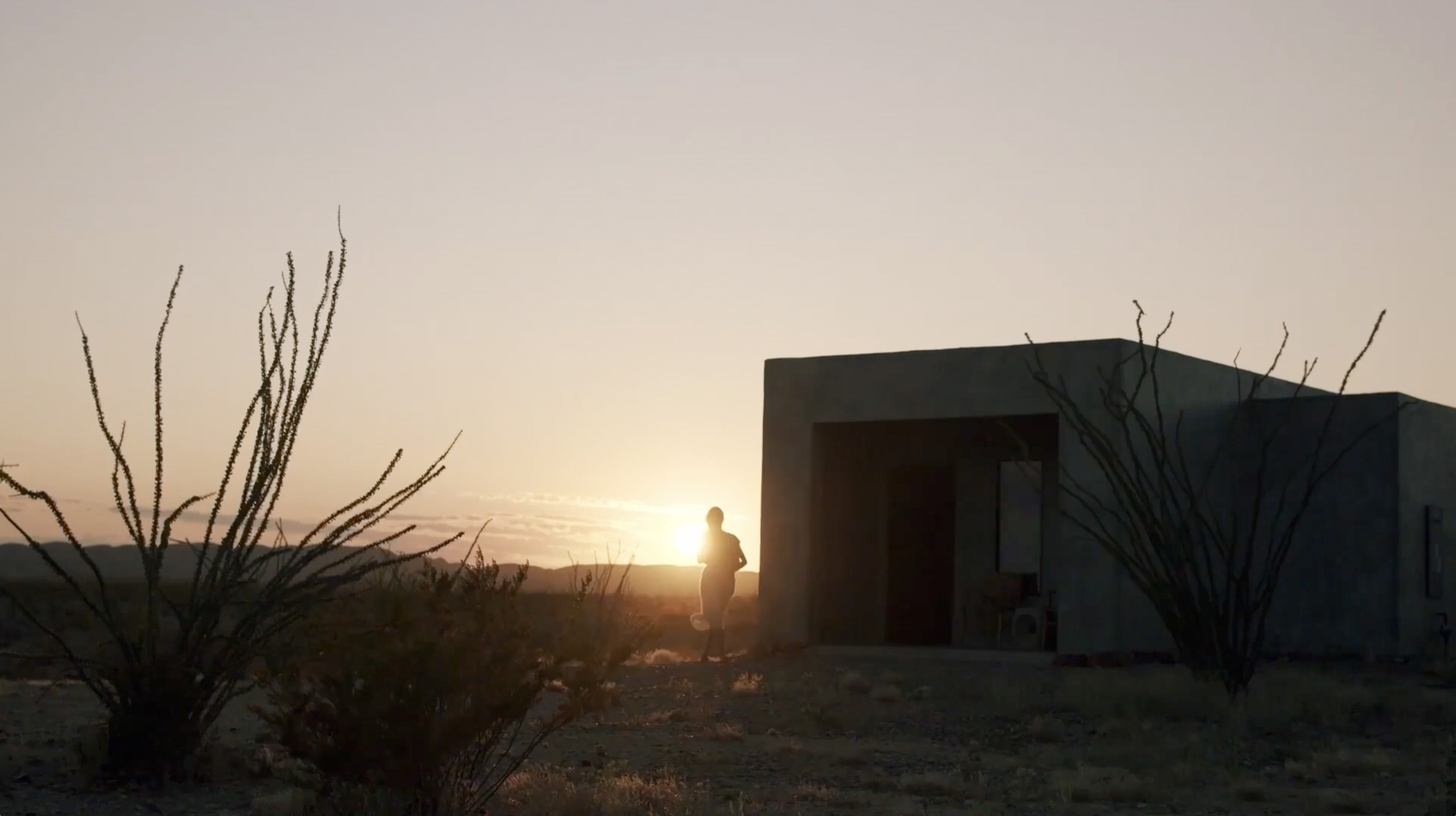 Silhouette of a person walking toward a modern house at sunset in a desert landscape with cacti in the foreground.