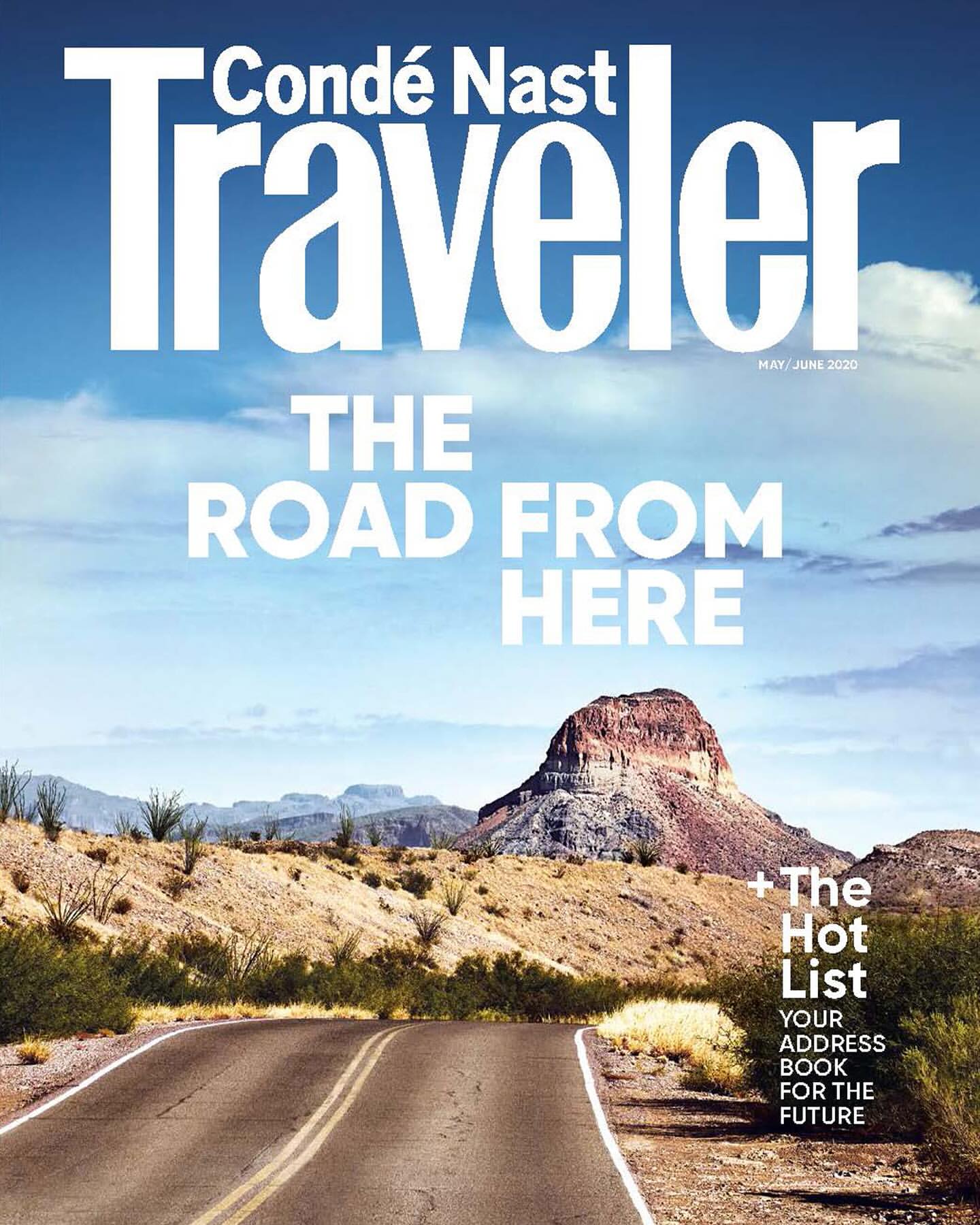 Cover of Condé Nast Traveler magazine featuring a desert landscape with a road leading to a mesa under a cloudy sky, June 2020 issue.
