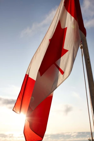 Canadian flag waving against a blue sky with bright sunshine. The red and white flag fills the frame in a patriotic display.