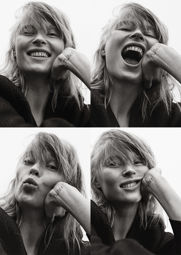 Black and white image of a smiling woman with hand on her face, presented in a four-part collage with various facial expressions.
