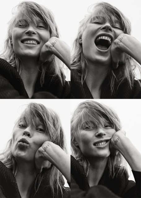 Black and white image of a smiling woman with hand on her face, presented in a four-part collage with various facial expressions.