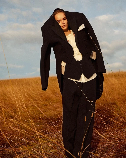 Fashion-forward woman in a formal black suit outdoors, posing in a field of tall grass with a blue sky and clouds in the background.