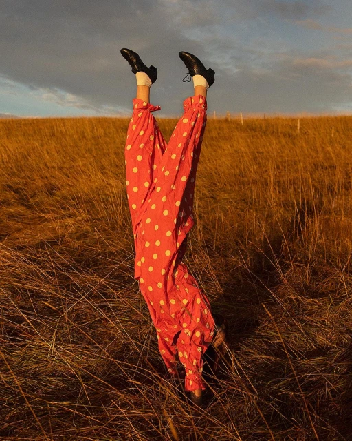 Person in red polka dot pants and black shoes does a handstand in a field of tall, golden grass under a cloudy sky.