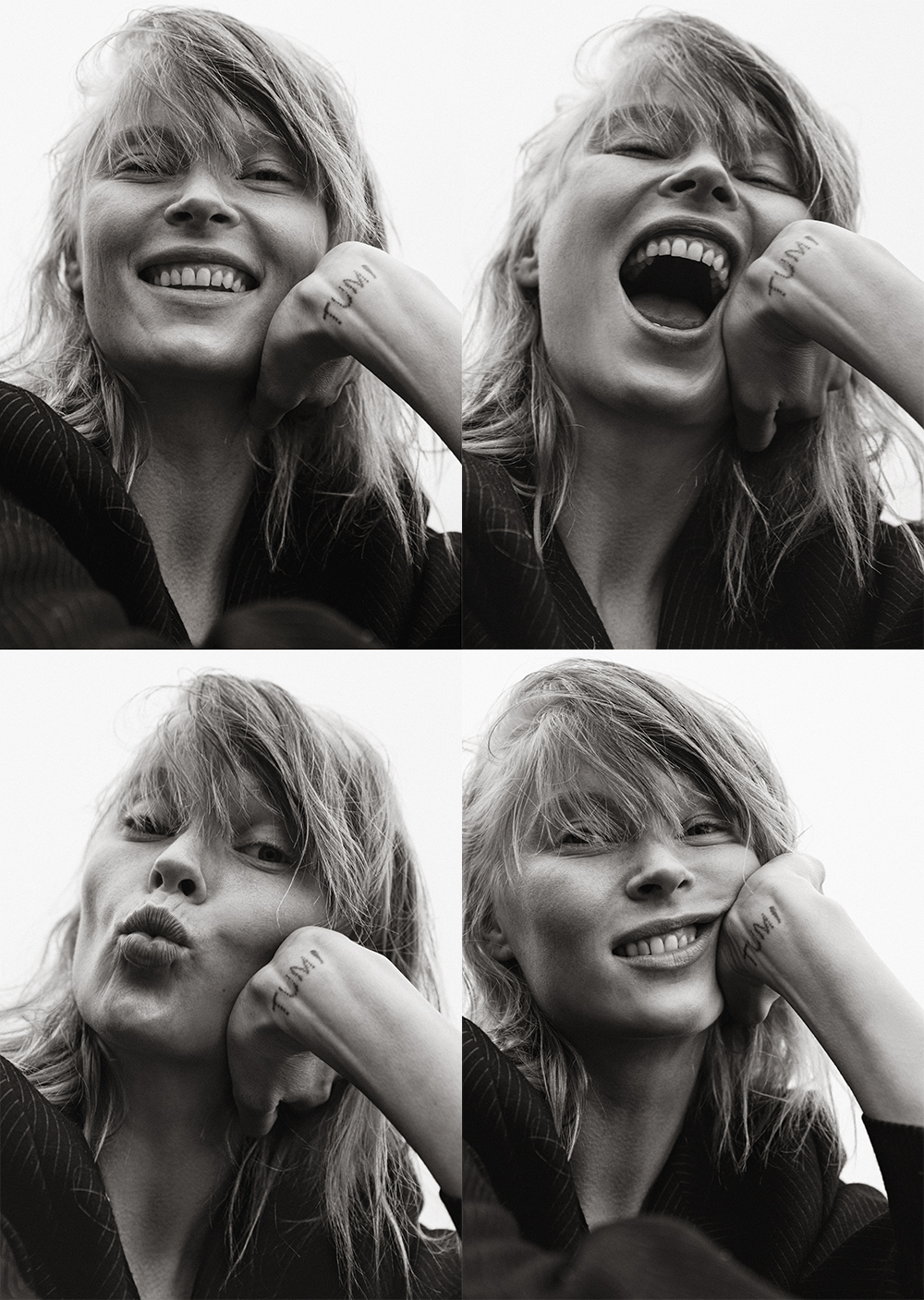 Black and white portrait of a smiling woman with blond hair making four different facial expressions including laughing and smiling.