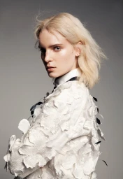 Blonde woman wearing white floral textured garment looking back over her shoulder against a neutral grey background