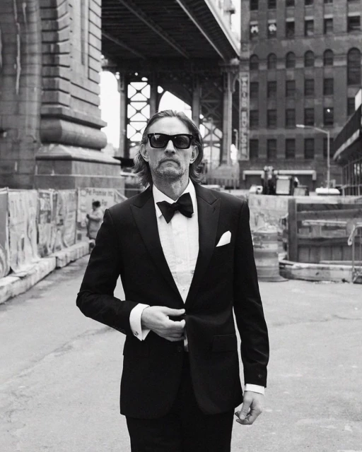 Black and white portrait of a mature man in a tuxedo with a bow tie, posing outdoors under a bridge with buildings in the background.