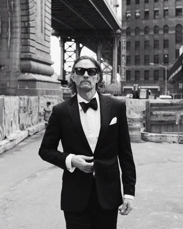 Black and white portrait of a mature man in a tuxedo with a bow tie, posing outdoors under a bridge with buildings in the background.