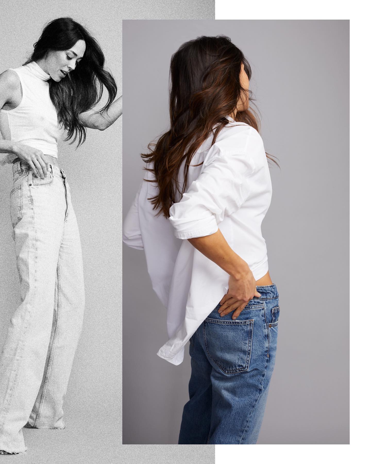 Two women in a digitally split, fashion-style studio shot. One wears a white top and jeans, the other a white shirt and jeans.