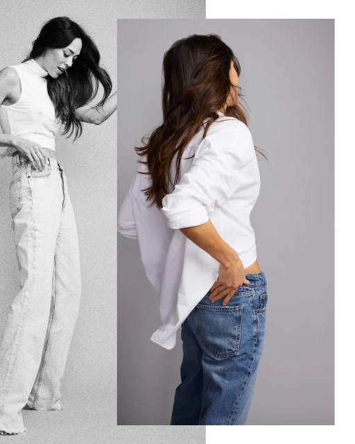 Two women in a digitally split, fashion-style studio shot. One wears a white top and jeans, the other a white shirt and jeans.