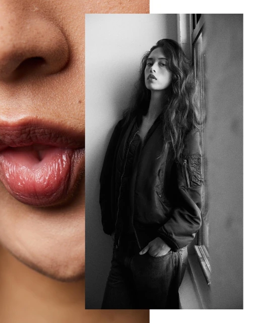Black-and-white portrait featuring a woman with long wavy hair wearing a bomber jacket, split-screened with a close-up of a person's lips.