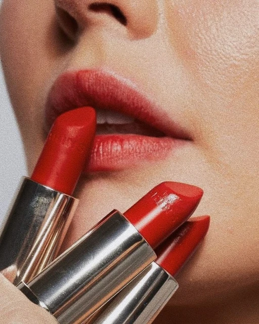 Close-up of a fair-skinned adult female holding three red lipsticks near her mouth in a beauty and makeup themed promotional shot.