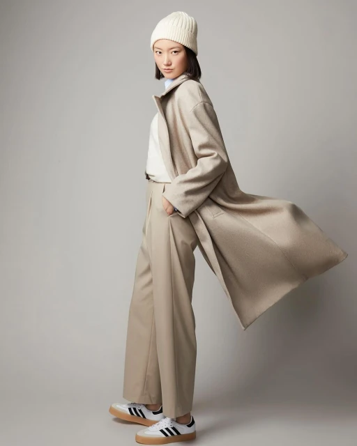 An Asian woman stands in a photo studio wearing a beige wool coat, matching trousers, a cream-colored beanie, and Adidas Samba sneakers.