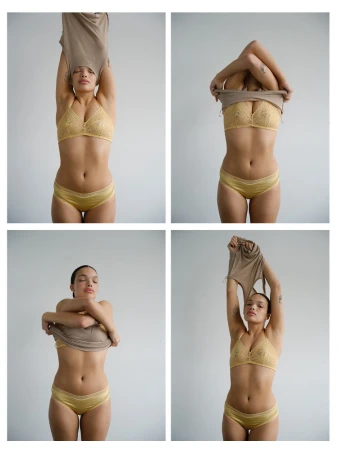 Four-panel photo of a woman in yellow lace lingerie removing her t-shirt against a plain white studio background.
