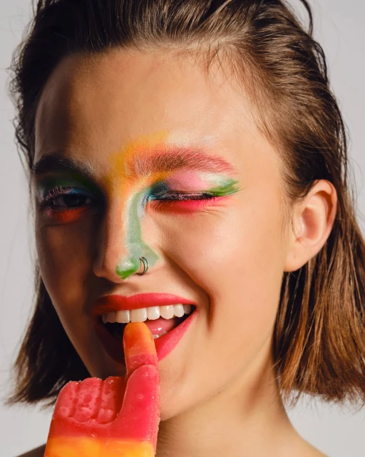 Portrait of a young woman with rainbow makeup on her face winking while posing with a red and yellow popsicle in a photo studio.