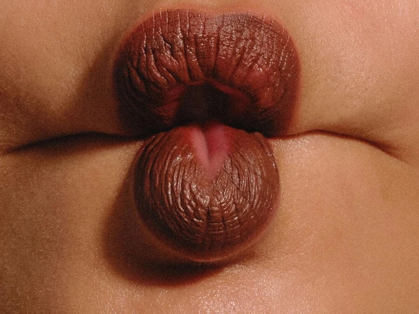Close-up of dark lipstick on lips. The lower lip is extended outward in an exaggerated pout in this studio beauty shot.
