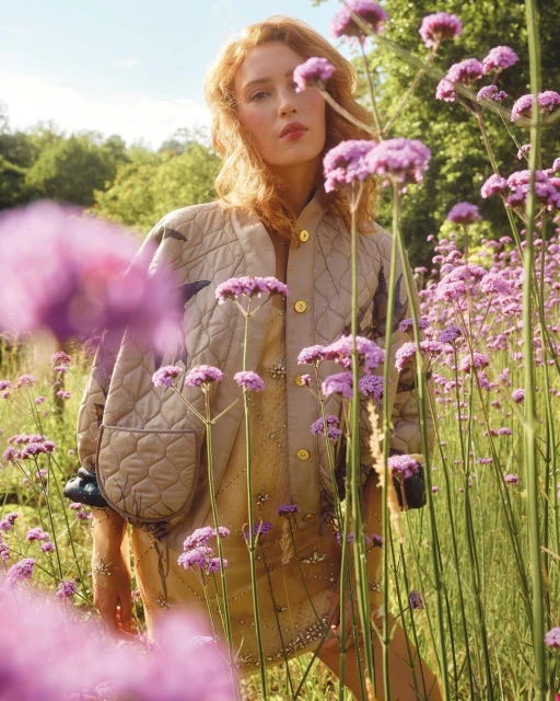 Woman in a quilted jacket and dress stands amongst purple flowers in a sunny field, looking at the camera with a neutral expression.