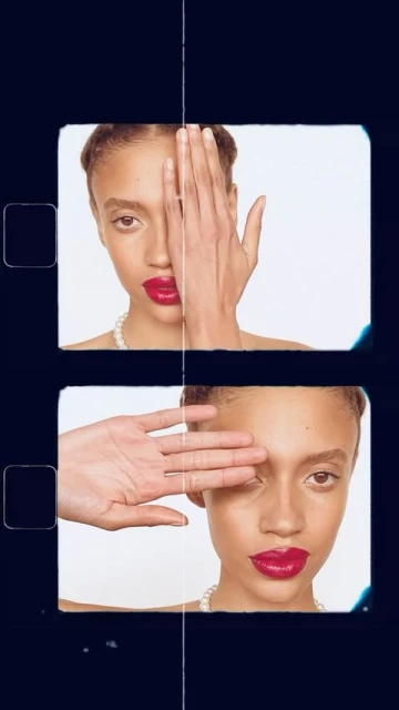 Collage portrait of a young woman with bold red lipstick and a pearl necklace, split into two film frames against a blue background.