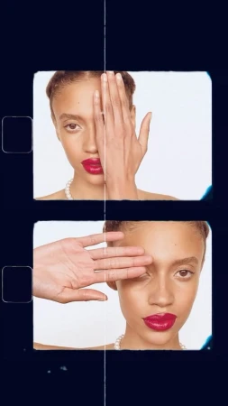 Collage portrait of a young woman with bold red lipstick and a pearl necklace, split into two film frames against a blue background.